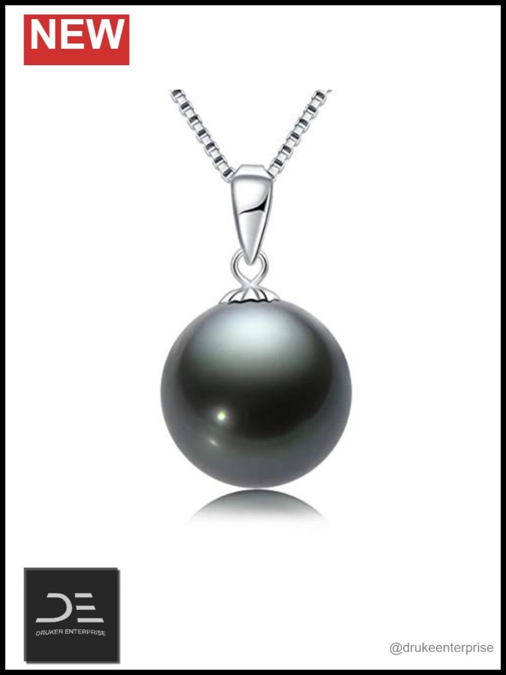 18K Solid Gold Tahitian Black Pearl Pendant w/ Sterling Silver Chain 9-12mm
